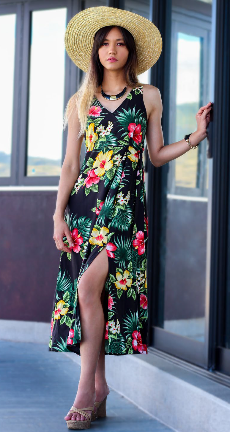 Hibiscus Bay Ladies Hawaiian V-Neck Faux Wrap Tea Length Dress in Black