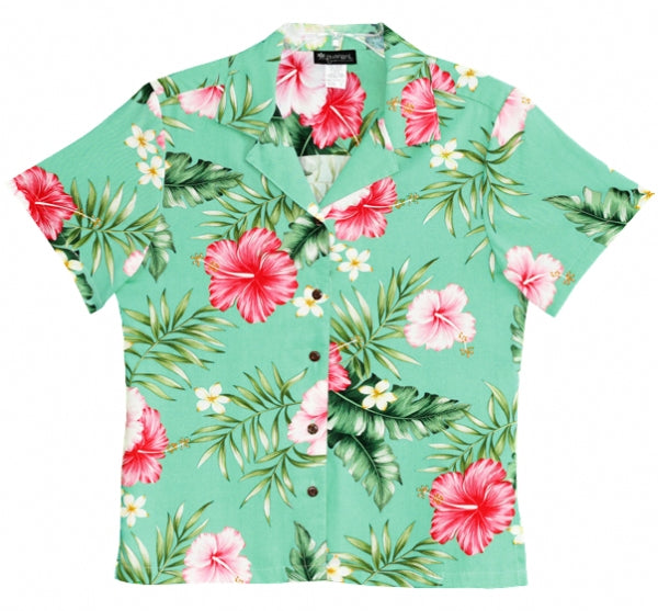 Hibiscus Summer Ladies Hawaiian Camp Shirt in Green