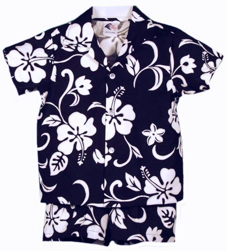 Hibiscus Paradise Boys 2 Piece Tropical Hawaiian Aloha Cabana set in Navy