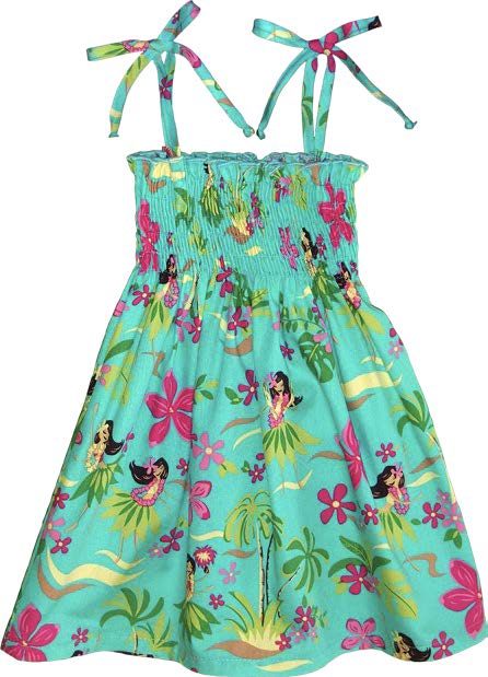 Hula Girl Girls Tropical Tie Strap Smocked Dress in Teal