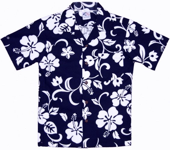 Hibiscus Paradise Boys Tropical Hawaiian Aloha Shirt in Navy