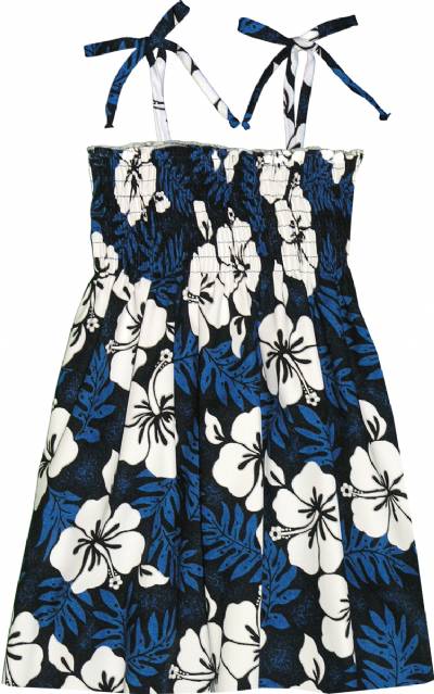 Big Hibiscus Girls Tropical Tie Strap Smocked Dress in Blue