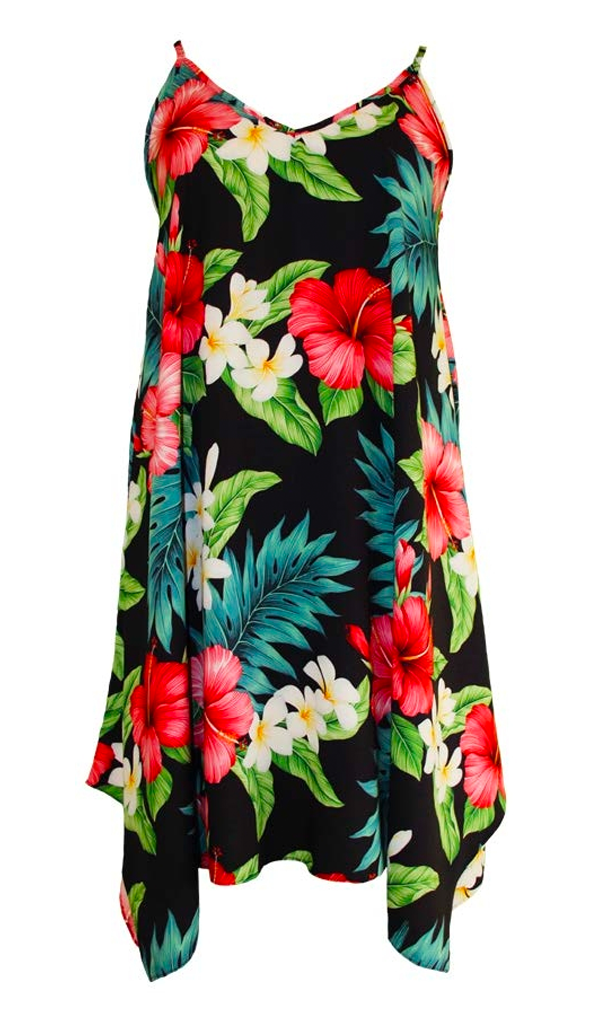 Hibiscus Tropics Ladies Hawaiian V Neck Scarf Hem Dress in Black