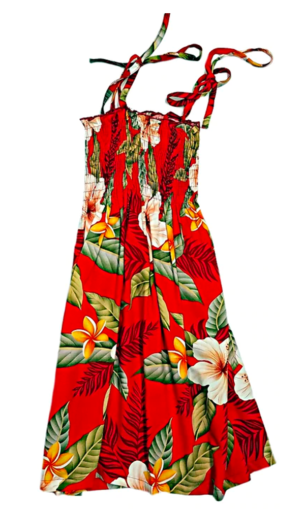 Leilani Girls Tropical Hawaiian Aloha Print Smocked Tube Dress Red