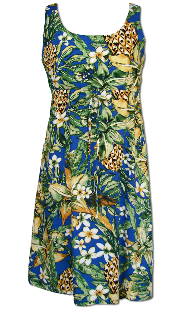 Pineapple Paradise Ladies Tropical Hawaiian Aloha Tie Front Dress Blue