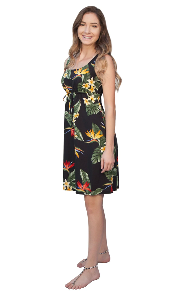BOP Plumeria Tropical Hawaiian Aloha Tie Front Dress Black