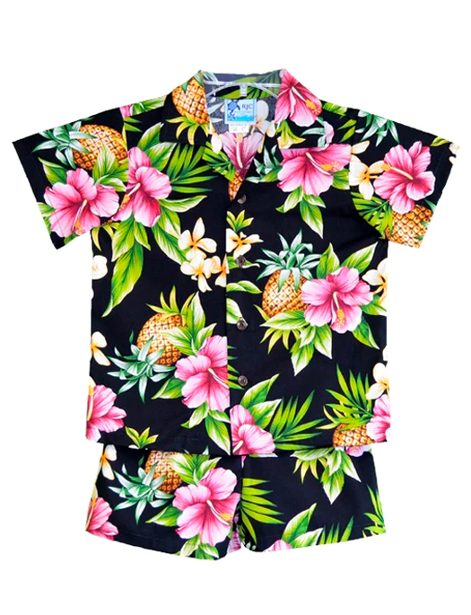 Pineapple Party Boys 2 Piece Tropical Hawaiian Aloha Cabana set in Black