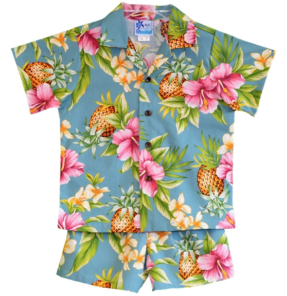 Pineapple Party Boys 2 Piece Tropical Hawaiian Aloha Cabana set in Slate