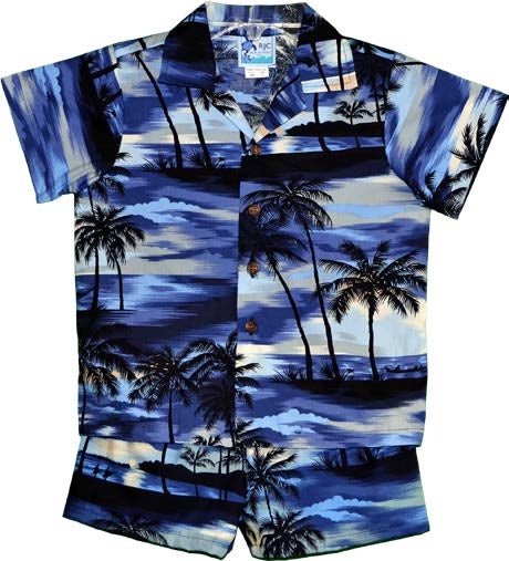 Evening Palms Boys 2 Piece Tropical Hawaiian Aloha Cabana set in Blue