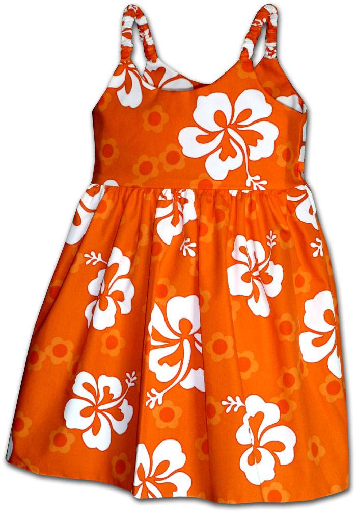 Classic Hibiscus Girls Bungee Strap Hawaiian Aloha Dress Orange