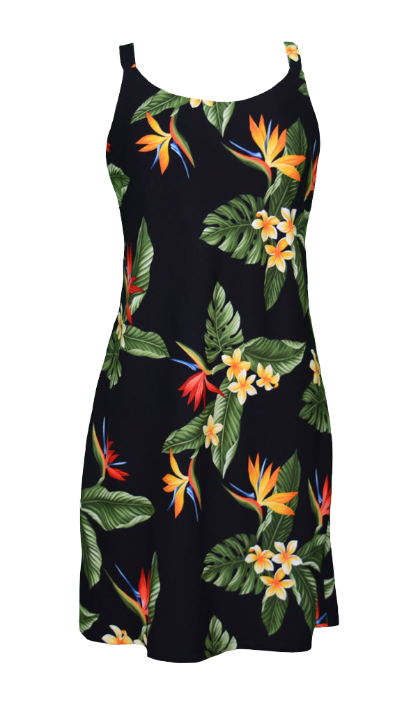 BOP Plumeria Rayon Bias Cut Hawaiian Dress in Black