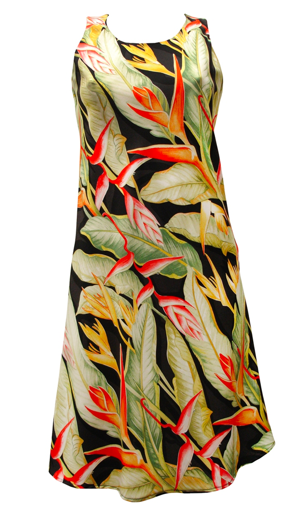 Heliconia Tropical Print Tank Hawaiian Aloha Dress in Black