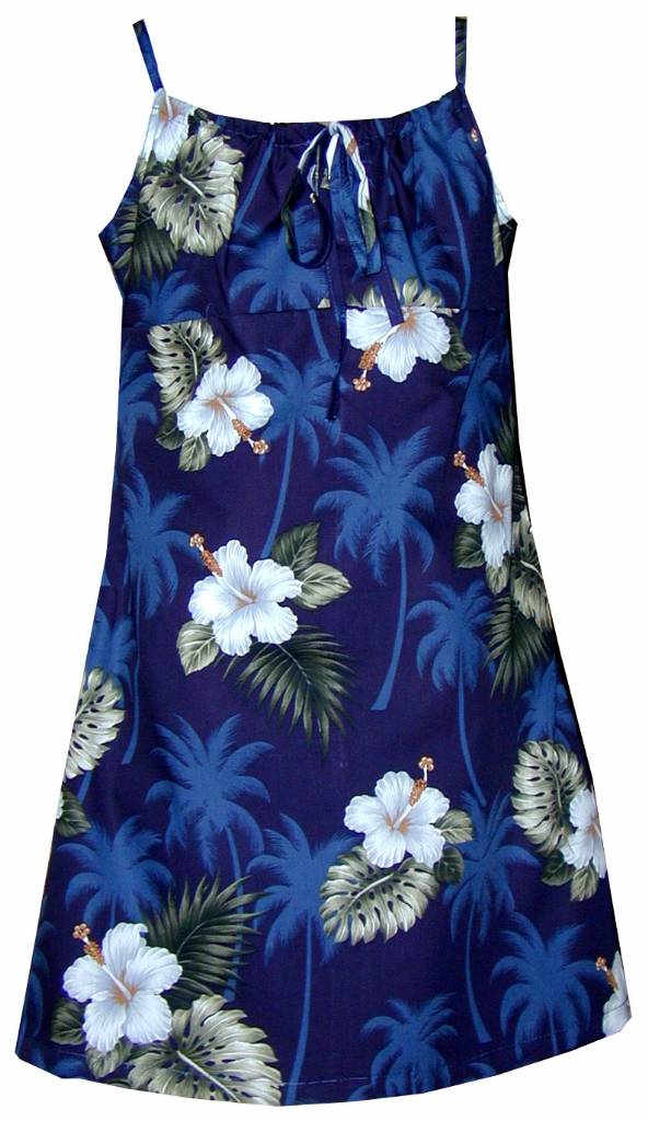 Hibiscus Floral Girls Tropical Print Spaghetti Strap Dress in Navy