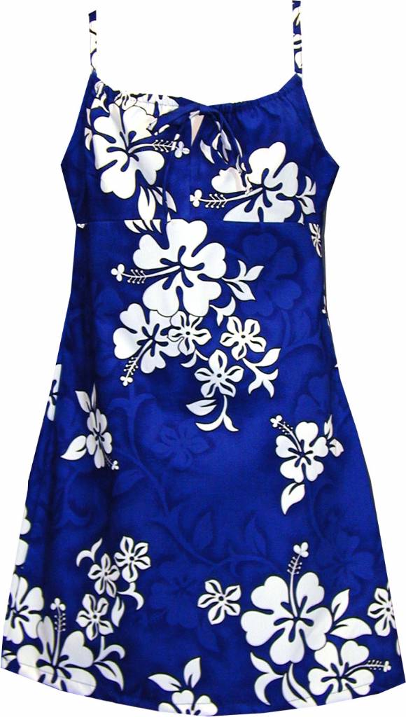 White Hibiscus Girls Tropical Print Spaghetti Strap Dress in Blue