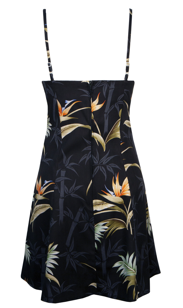 Bamboo Paradise Hawaiian Print Spaghetti Strap Dress in Black