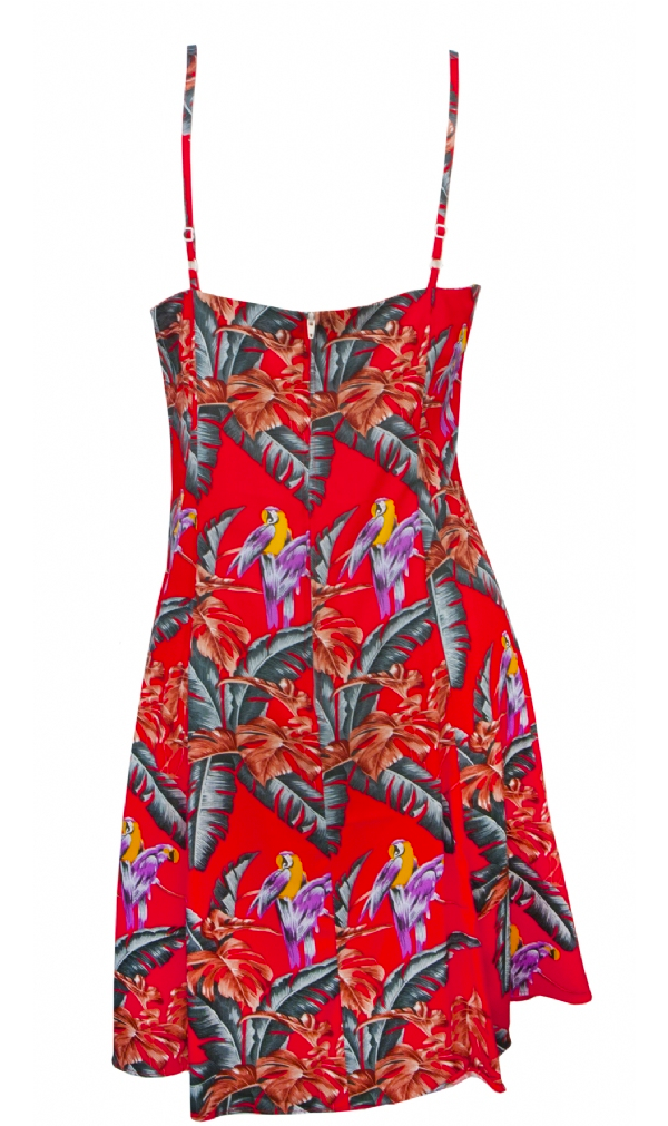 Jungle Bird Hawaiian Print Spaghetti Strap Dress in Red