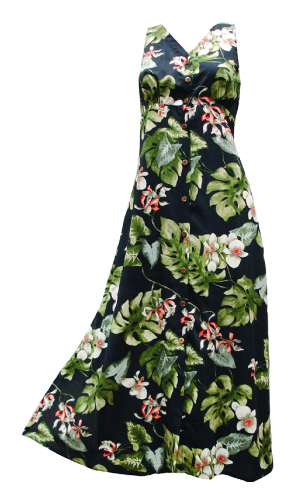 Monstera Orchid Tropical Print Long Tank Hawaiian Aloha Dress in Navy