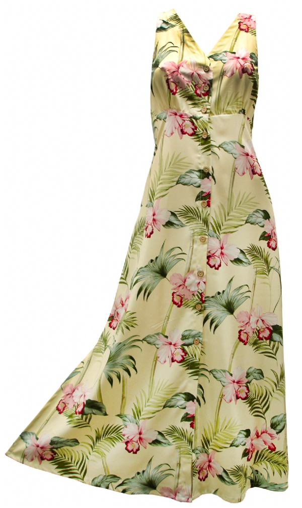 Iliwai Orchid Tie-Back Long Hawaiian Dress