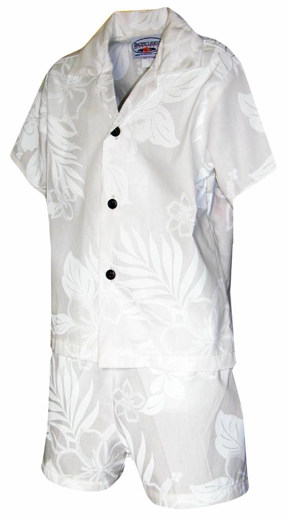 Hibiscus Shadows Boys 2 Piece Tropical Cabana set in White