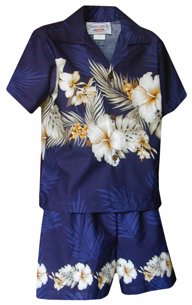 Big Hibiscus Boys 2 Piece Tropical Cabana set in Navy