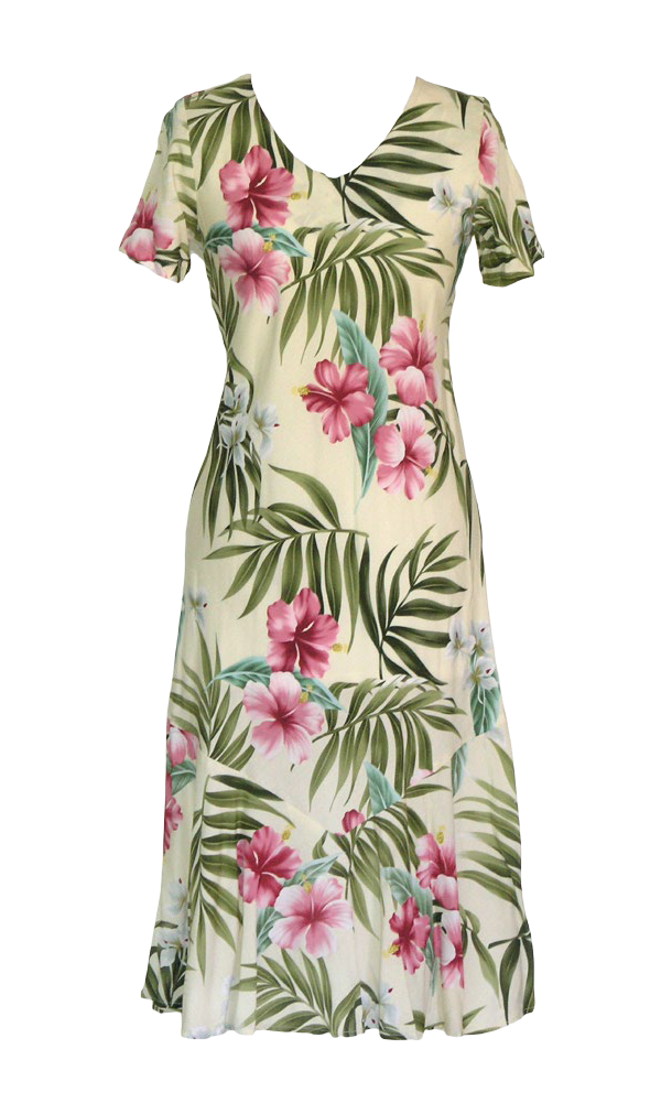 Pink Hibiscus Ladies Rayon Bias Cut VNeck Hawaiian Aloha Dress Beige