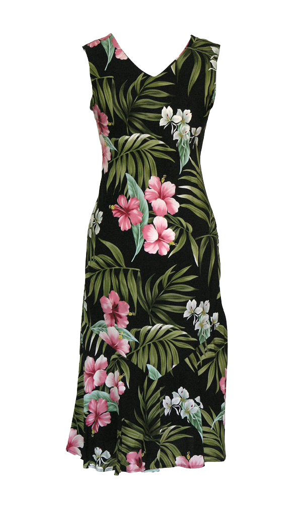Pink Hibiscus Ladies Rayon Bias Cut VNeck Sleeveless Dress Black