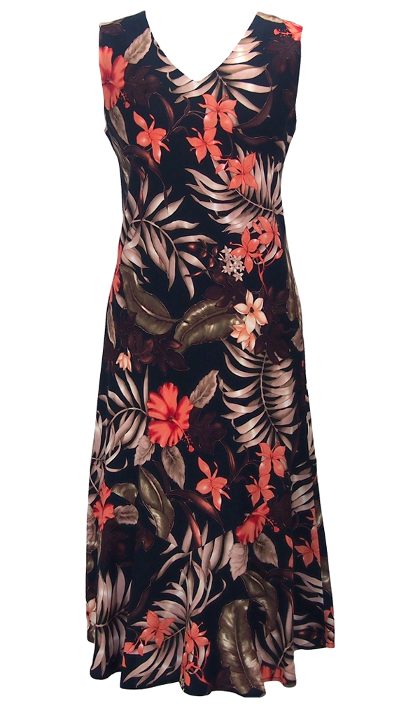 Hibiscus Retro Rayon Bias Cut V-Neck Hawaiian Dress in Black