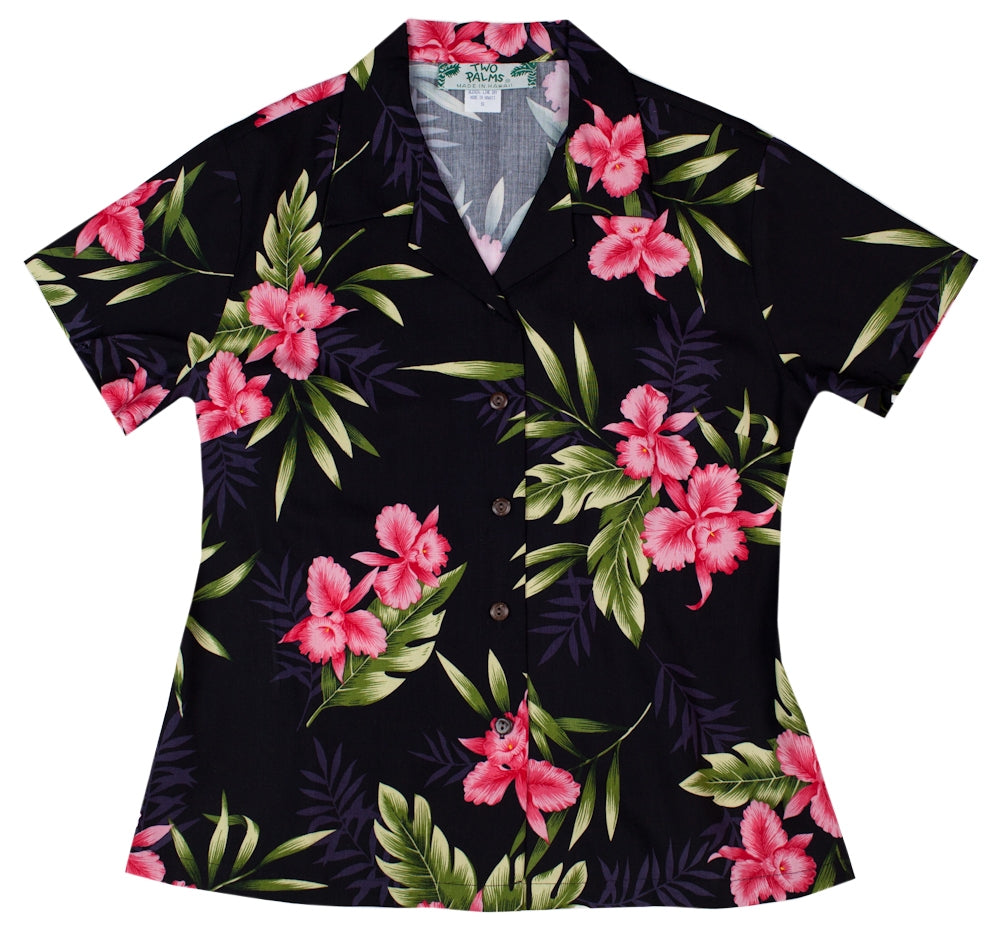Orchid Fern Ladies Fitted Hawaiian Aloha Shirt in Black