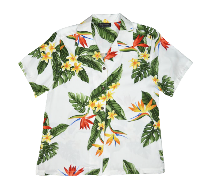 BOP Plumeria Ladies Hawaiian Aloha Camp Shirt in White