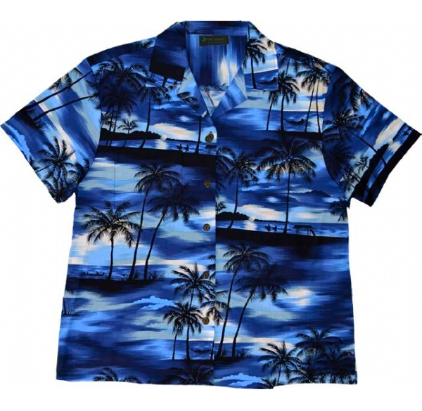 Evening Palms Ladies Tropical Hawaiian Camp Shirt in Blue