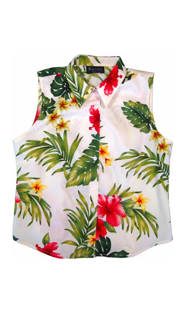 Hibiscus Palm Ladies Hawaiian Sleeveless Blouse in Cream