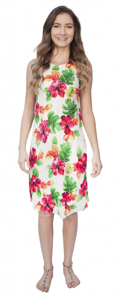 Hibiscus Water Color Tropical Hawaiian Aloha Tank Dress in White