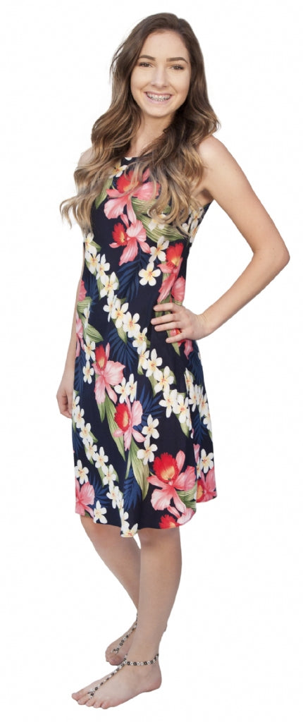 Plumeria Orchid Panel Tropical Hawaiian Aloha Tank Dress in Navy