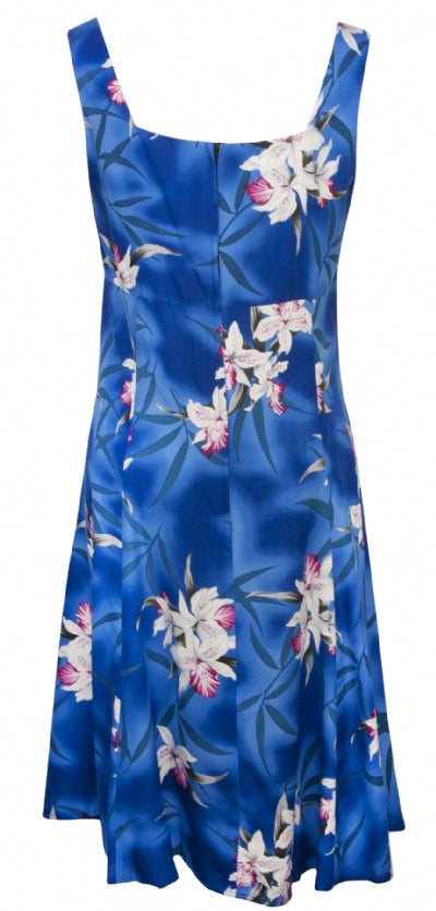 Midnight Orchid - Tropical Hawaiian Aloha  Print Sun Dress in Blue