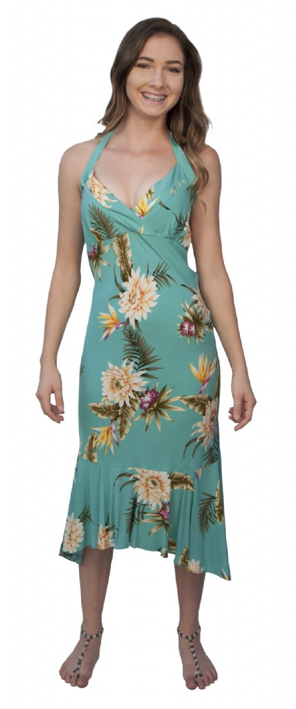 Ceres Hawaiian Print Halter V Neck Dress Green