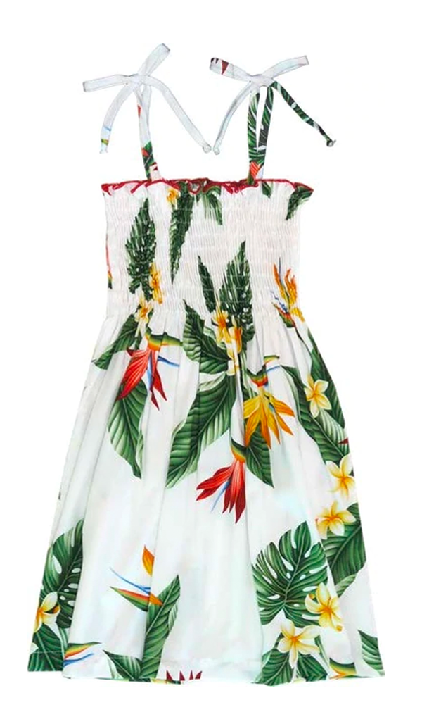 BOP Plumeria Girls Tropical Tie Strap Smocked Dress in White