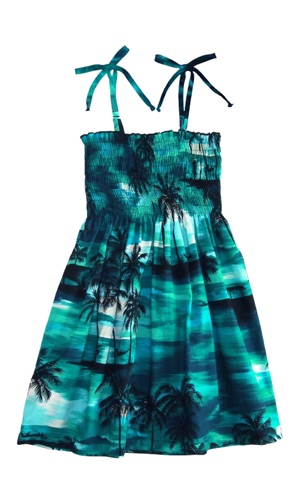 Evening Palms Girls Tropical Tie Strap Smocked Dress in Turquoise