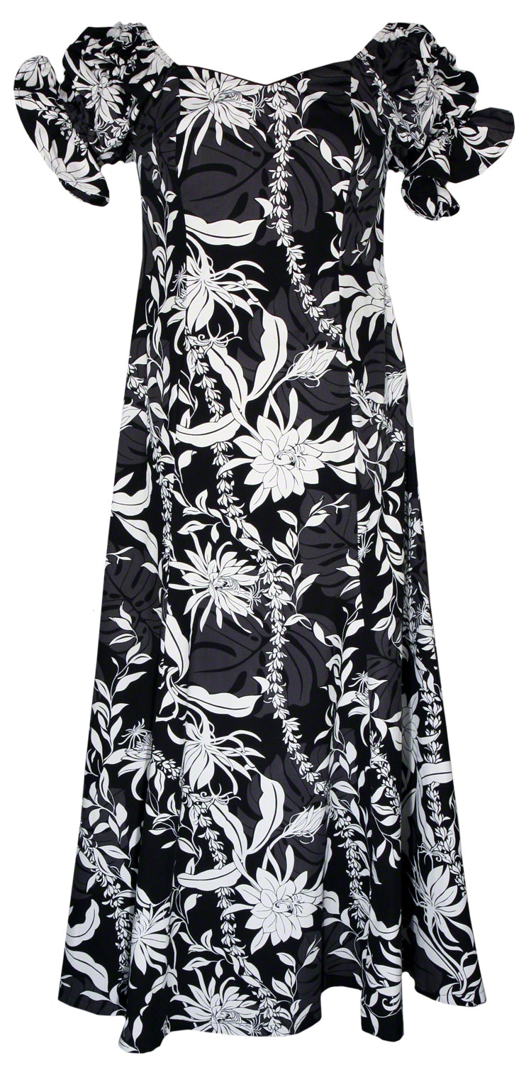 Makapuu Hawaiian Print Long Ruffled Cap Sleeve Dress in Black