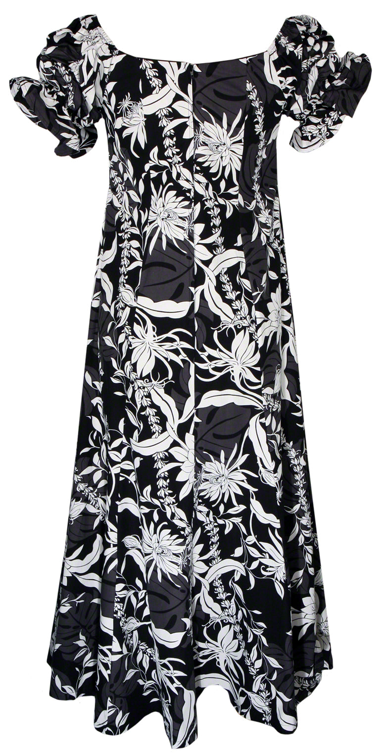 Makapuu Hawaiian Print Long Ruffled Cap Sleeve Dress in Black