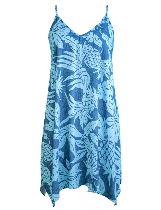 Pineapple Twist Ladies Hawaiian V Neck Scarf Hem Dress in Blue