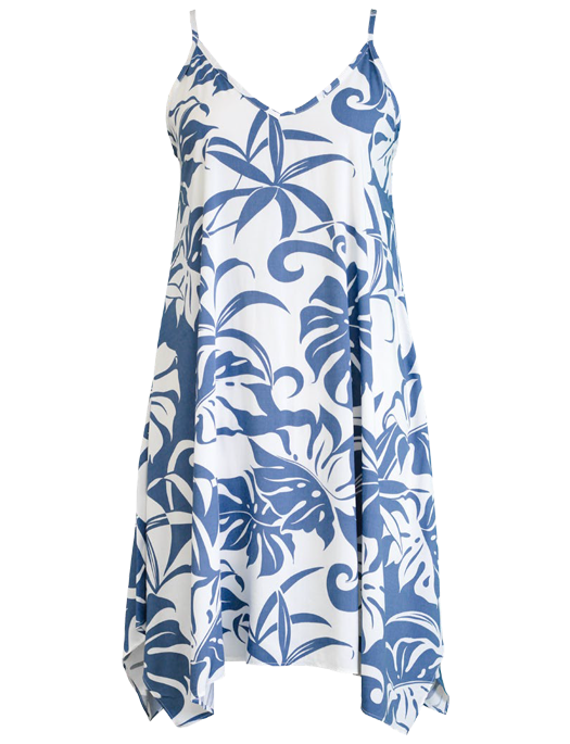Island Life Ladies Hawaiian V Neck Scarf Hem Dress in Blue Paradise Clothing Co