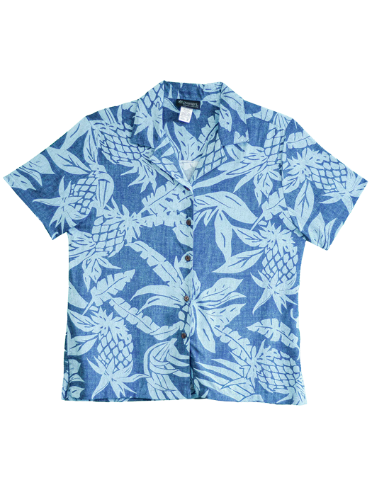 Pineapple Twist Ladies Hawaiian Camp Shirt in Blue