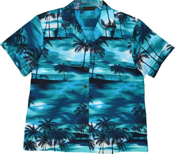 Evening Palms Ladies Tropical Hawaiian Camp Shirt in Turquoise
