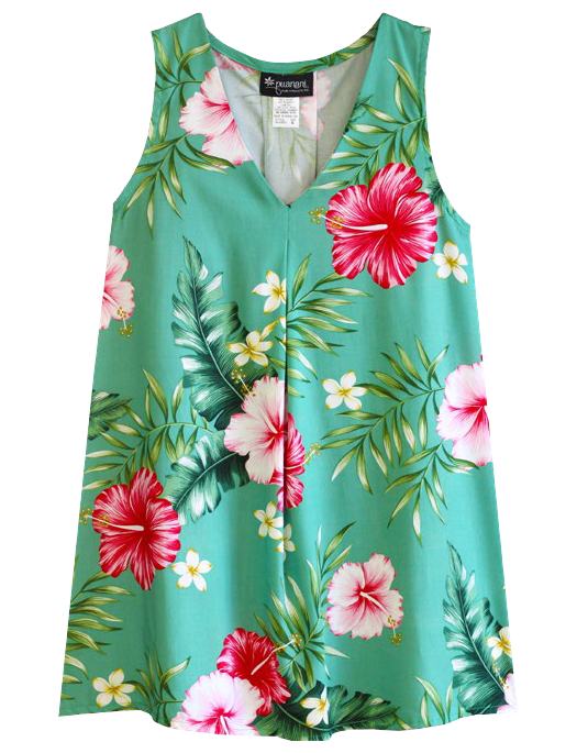 Hibiscus Summer Ladies Inverted Pleat V-Neck Top in Green